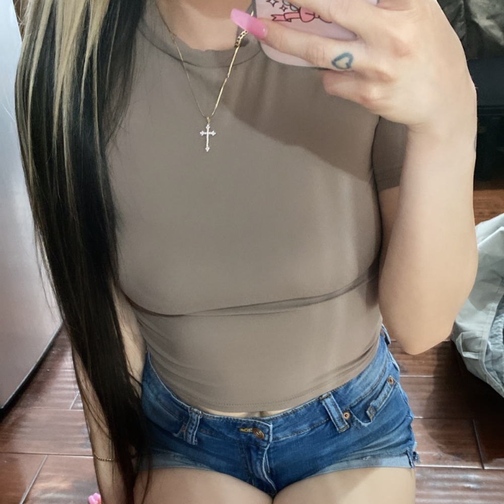 bone color mock-neck shirt